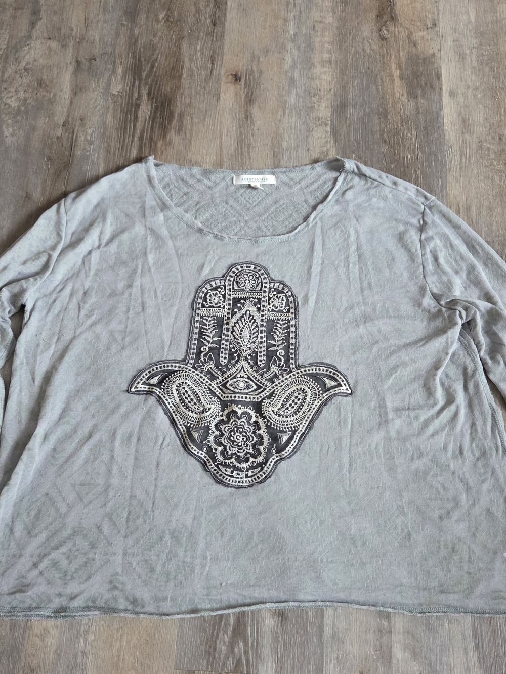 Aeropostale Light Gray Long-Sleeve Top with Black Hamsa Motif